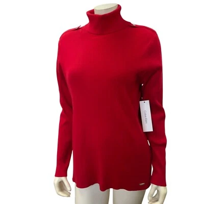 Suéter feminino Calvin Klein gola alta vermelho com nervuras detalhes de botão de ombro M novo com etiquetas - Imagem 1 de 4