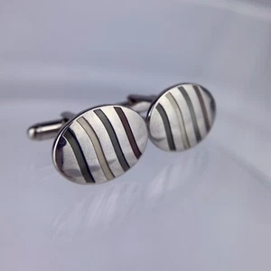 Simple Striped Oval Silver Tone Cufflinks Brown White Green Gray Formal VTG O1 - Picture 1 of 9