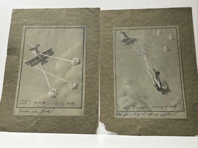 Antique Drawing Illustration War 1918 Signed Mystery Aviation Skeleton Skull - Image 1 of 4