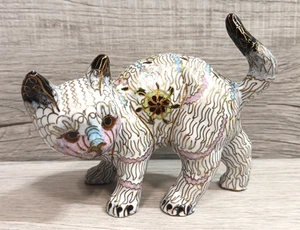 Vintage Cloisonne Porcelain & Gold Mesh Kitty Cat w/ Floral Figurine - Picture 1 of 9