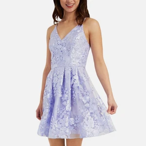 BCX Juniors Embroidered Lined Lavender Nylon Fit & Flare Flocked Mesh Dress Sz 9 - Picture 1 of 12