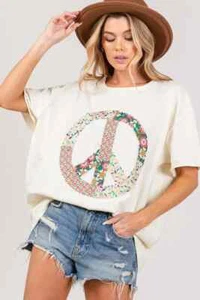 SAGE & FIG PEACE SIGN FLORAL APPLIQUE TOP CREAM SIZE LARGE ST7304B-CUTE!!! - Picture 1 of 6