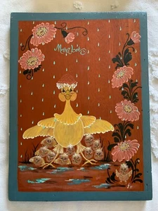 Vintage Tole Paint Wood Wall Plaque Chicken & Chicks MOTHER LOVE 9.5"x 12 - Picture 1 of 8