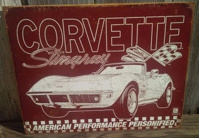 Vintage Chevy Corvette Tin Metal Sign 1969 Stingray Racing Flags Garage Classic - Image 1 of 2