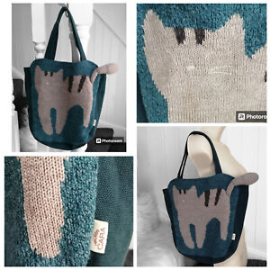 Blue & Grey Fabric Knit Cat Hand Bag from Cara Hikosen