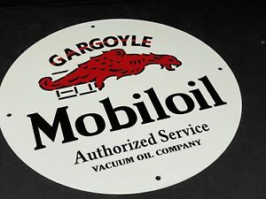 VINTAGE MOBILOIL AUTHORIZED SERVICE ADVERTISING 12" PORCELAIN SIGN GAS & OIL