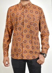 Indisch Orange Hochzeitskleid Größe XL Hand Block Baumwolle Blumen Hemd Herren - Bild 1 von 2