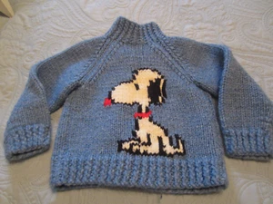 Kids Vintage 1960/70s Blue Hand Knit Snoopy Sweater - Picture 1 of 4