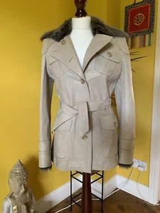 Karen Millen Beige Coat 6 8 10 Real Leather Sheepskin Fur Retro Shearling 70’s - Picture 1 of 10