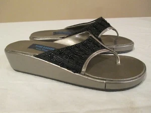 Blue Dragon Flip Flop Sandal Women's Sz 6 Black Bead 1.5" Wedge Rita Stein EUC - Picture 1 of 10