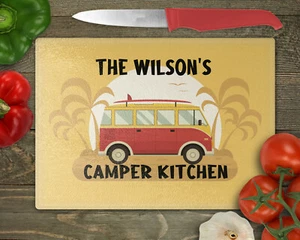 Personalised Camper Kitchen Glass Cutting Board, Worktop Saver - Chopping VW Van - Picture 1 of 3