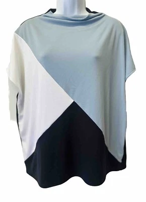Alfani Women Plus 2X Baby Blue Black White Colorblocked Mock Neck Cap Slv Top - Image 1 of 4