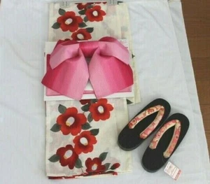 Yukata kimono ladies white obi and geta set Camelia - Picture 1 of 8