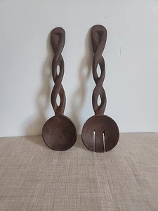 Ugandan Hand Carved Wood Decor Reticulated Twisted Primitive Spoon & Fork - Picture 1 of 6