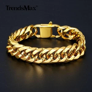 Brazalete de eslabones cubanos con bordillo chapado en oro de acero inoxidable 316L de 15 mm para hombre - Imagen 1 de 10
