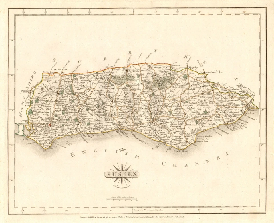 Antique county map of SUSSEX by JOHN CARY. Original outline colour 1787 - Image 1 of 1