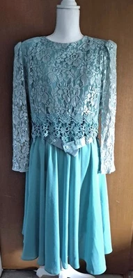 Vintage 80s Dress Mavinette Teal Turquoise Blue ish Seafoam Green Lace Tulle 14  - Image 1 of 4
