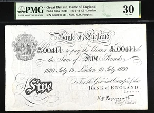 5 £ weiße Fünf Pfund Banknote Peppiatt B241 335a PMG 30 1939 Groß Großbritannien - Bild 1 von 2
