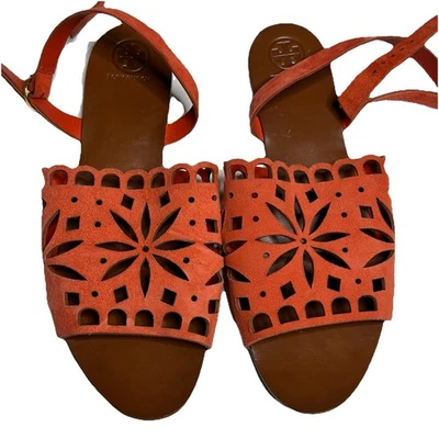 Sandalias Tory Burch May Perforadas Correa al Tobillo Gamuza Amapola Naranja Talla 9 1/2M Foto 1 de 4
