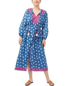 J.Crew Belted Kaftan Tunic Midi Dress Size XL Night Sky Floral Embroidered Boho - Picture 1 of 17