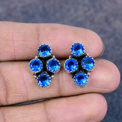 Pendientes de joyería de plata de acero 925 hechos a mano con piedras preciosas de topacio azul regalos para amor Foto 1 de 4
