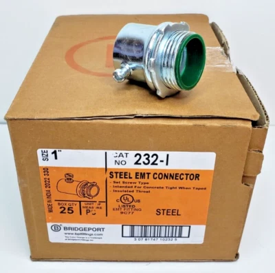 Juego aislado Bridgeport 232I tornillo conector EMT de 1 pulgada acero CAJA DE 25 Foto 1 de 4