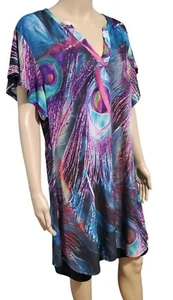 Lily By Firmiana Tunika 1X Boho Pfau Mehrfarbig Kurzarm V-Ausschnitt Oberteil - Bild 1 von 8