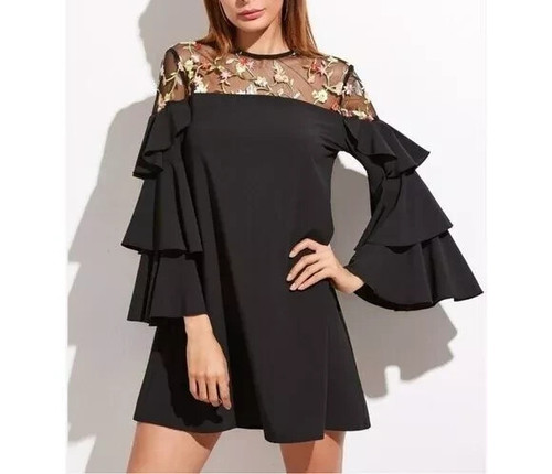 VETEMENTS Abito Gabby Skye nero a rete floreale pullover con volant manica a campana taglia 10