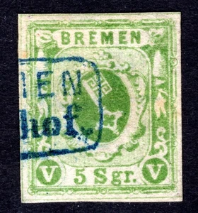 BREMEN 1859 4 gestempelt sehr SCHÖNE blauer BAHNHOF STEMPEL (Z4436 - Bild 1 von 2