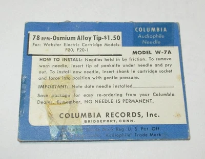 Aguja de osmio Columbia W-7A 78 RPM para cartuchos Webster F20 F20-1 Foto 1 de 3
