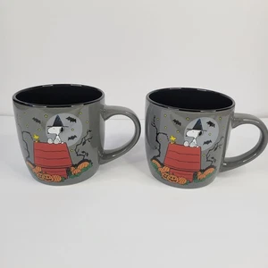 Set 2 Halloween Peanuts Snoopy Woodstock Gray Ceramic Mug 20oz Pumpkin Witch Hat - Picture 1 of 14