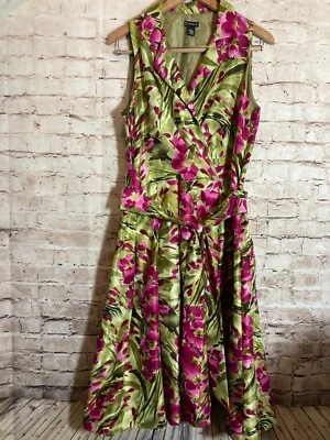 Vestido midi New Directions para mujer 12 salvia y rosa tropical floral satinado con cinturón Foto 1 de 4