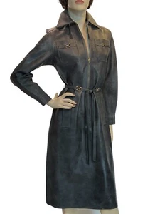 Sz S~M Vtg 60s MOD Gray VINYL COAT DRESS Joseph Magnin Ginala Front Zip Boho - Picture 1 of 16