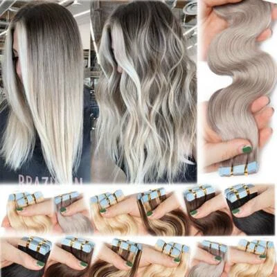 GREY 80pcs Full Head Tape In Remy Real Human Hair Extensions Skin Weft Wavy Wave - Image 1 of 4