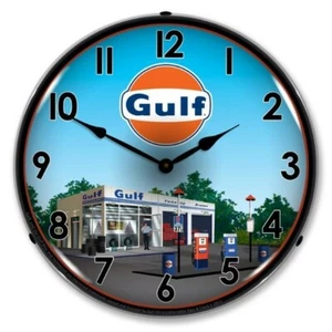 Nostalgic Retro Style Gulf Gas Station Store Backlit LED Lighted Wall Clock Sign - Picture 1 of 4