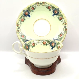 Aynsley Footed Cup Saucer Doris Handle Pink Gold Cartouches Scalloped 1926-1934 - Picture 1 of 6