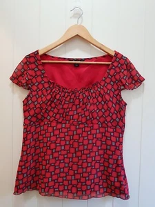 ROCKMANS Short Sleeve Chiffon Blouse Red And Black Retro Geometric Print Size 10 - Picture 1 of 16