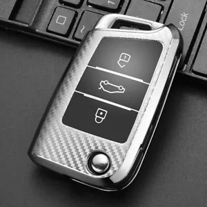 Silver TPU Carbon Filber Car Flip Key Fob Case Cover For VW Golf MK7 Skoda SEAT - Picture 1 of 15