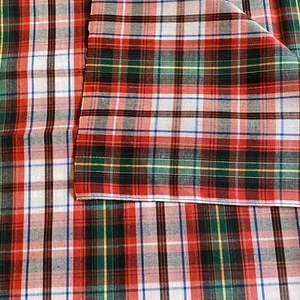 2 YD Vintage Plaid Shirting Fabric Metallic Thread Red Green Polycotton - Picture 1 of 6