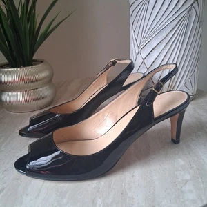 Talbots Black Patent Leather Peep Toe Slingback Buckle Pumps Heels Size 10.5B - Picture 1 of 9