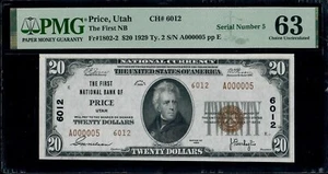 1929 $20 FIRST NATIONAL BANK PRICE , UT SRIAL 5 ,PMG 63 UNC - Picture 1 of 3