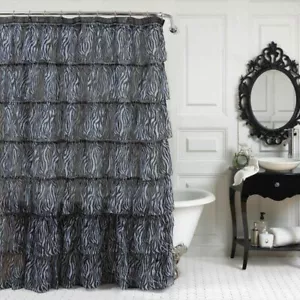 Lorraine Fabric Shower Curtain Zebra Ruffle Voile Black White Gray, New - Picture 1 of 6