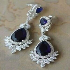 2Ct Pear Cut Simulated Blue Sapphire Drop/Dangle Earring's 14K White Gold Plated