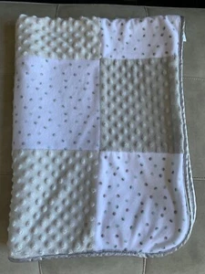 Just Born Patchwork Squares Baby Blanket White Sherpa Grey Minky Dot Satin Trim - Picture 1 of 4