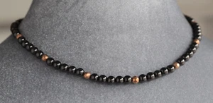 COLLANA ROTONDA SFACCETTATA OSSIDIANA NERA E BRONZO PIRITE ARGENTO STERLING 925 18" - Foto 1 di 2