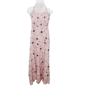 Ariat Memphis Red & White Boho Country Halter Smocked Maxi Dress Ruffle Trim New - Picture 1 of 13