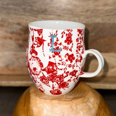 Taza Anthropologie Monograma L Rojo Floral Pájaro Café Taza de Té Blanco Cerámica Foto 1 de 4