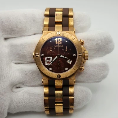 Reloj cronógrafo de cuarzo Renato para dama grueso tono dorado con esfera marrón hecho a mano Foto 1 de 4