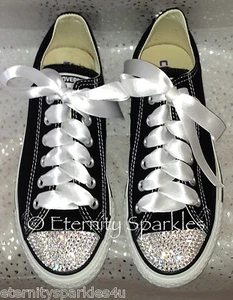 Customised Black Converse Crystal Bling Sparkle Luxury Wedding Bride Prom UK 3-7 - Picture 1 of 7