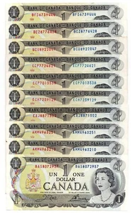 LOT OF TEN 1973 CANADA ONE DOLLAR NOTES - 85c VF/XF - Picture 1 of 2